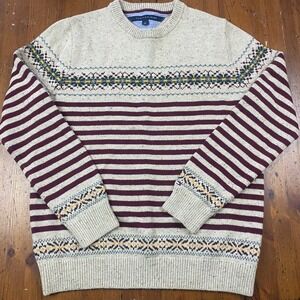 Tommy Hilfiger Mens L Wool Fair Isle Striped Knit Sweater Beige Burgundy Holiday